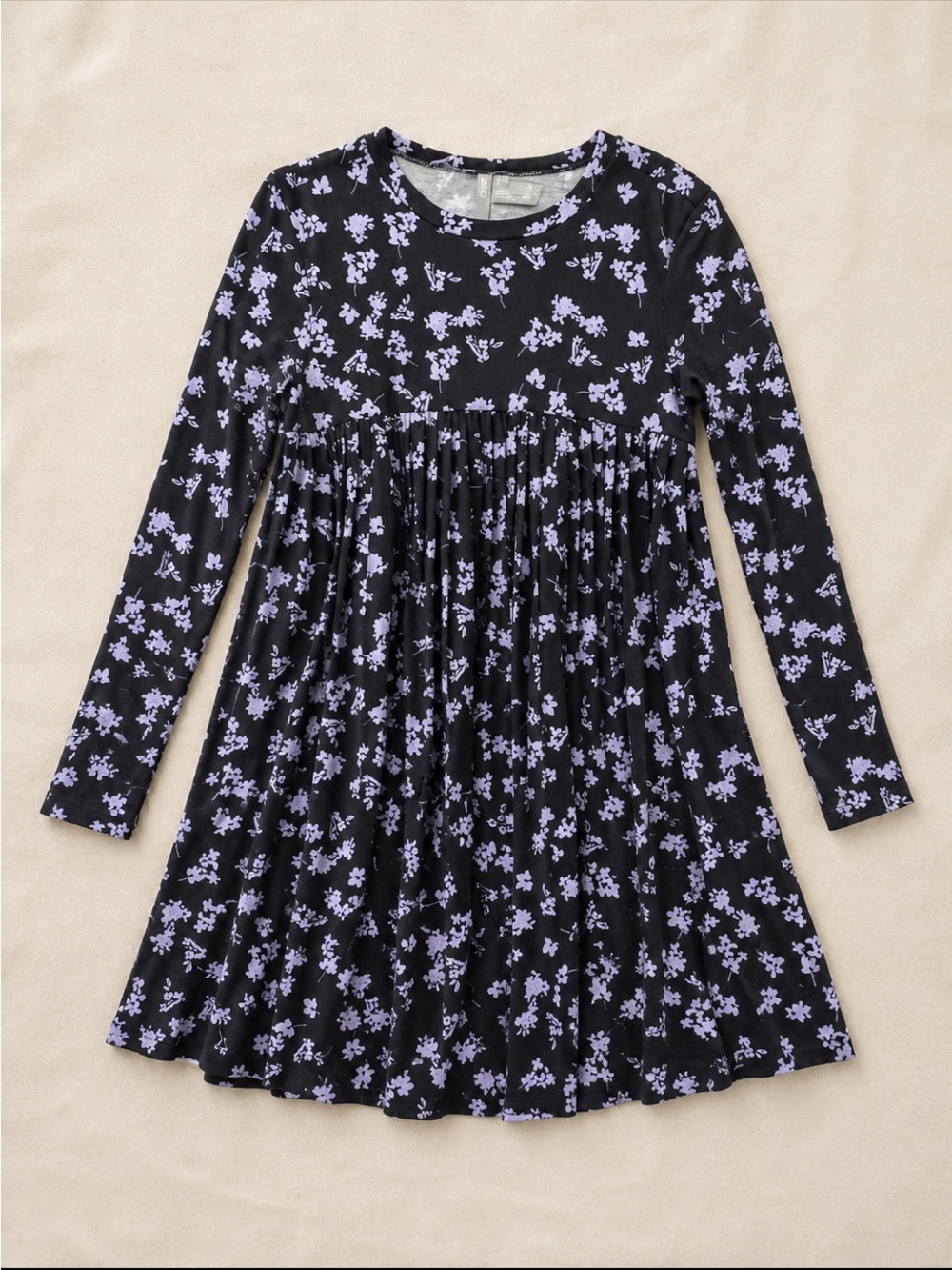 ASOS Black Purple Floral Long Sleeve Babydoll Mini Dress US 6 UK 10